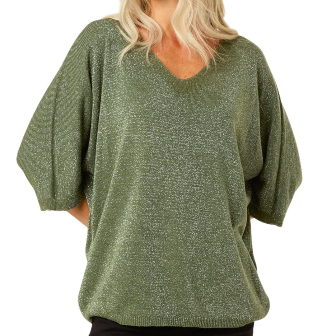 Ginny Glitter khaki Green V Neck Jumper - Sugarplum Boutique