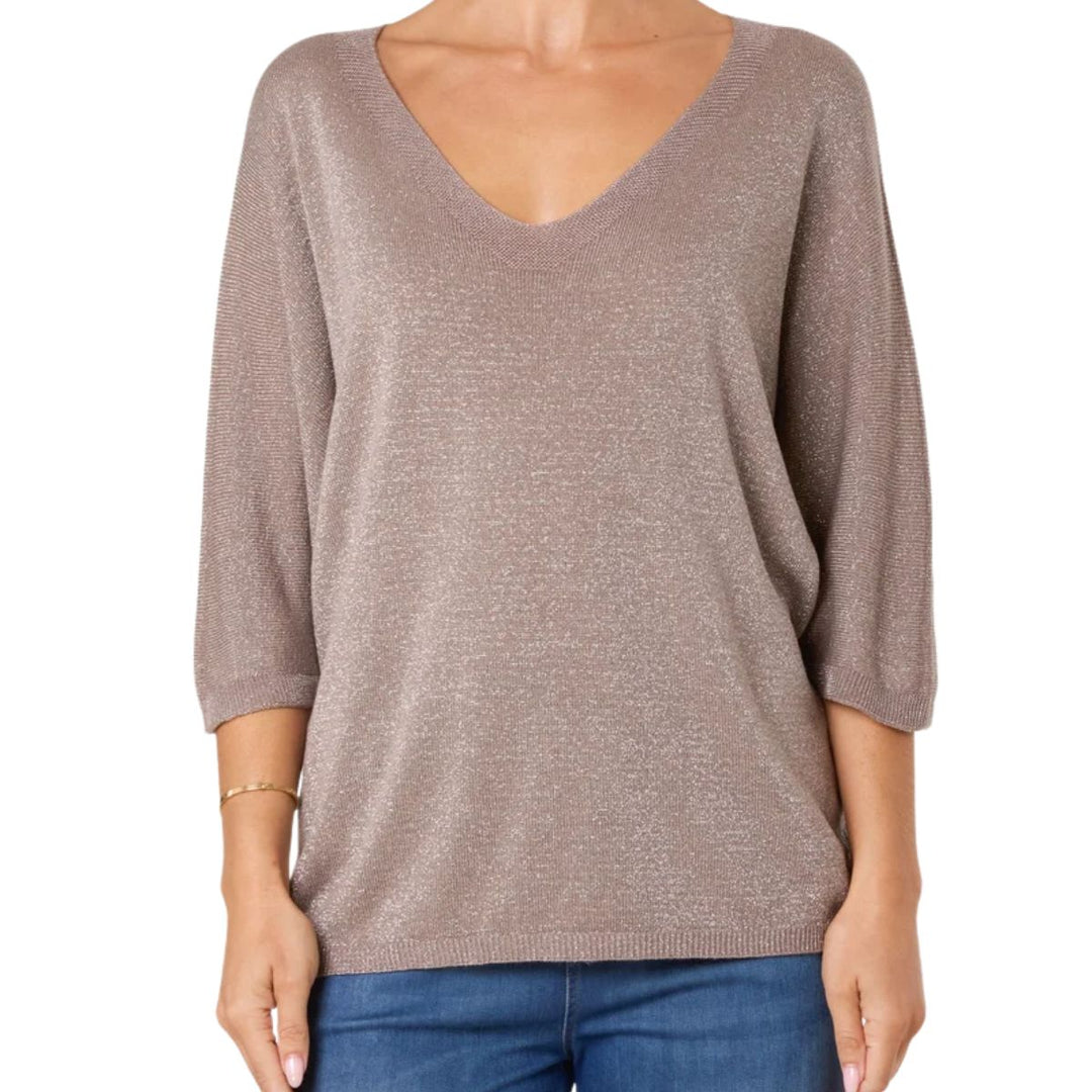 Ginny Glitter Mocha Brown V Neck Jumper - Sugarplum Boutique