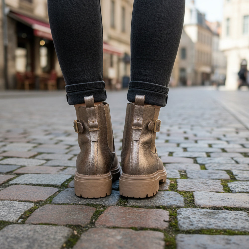 Giselle Mocha Brown Gold Foil Ankle Boot - Sugarplum Boutique