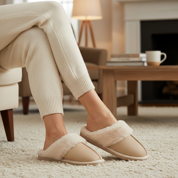 Glimmer Glitter Slip On Stone Faux Fur Slippers- Sugarplum Boutique