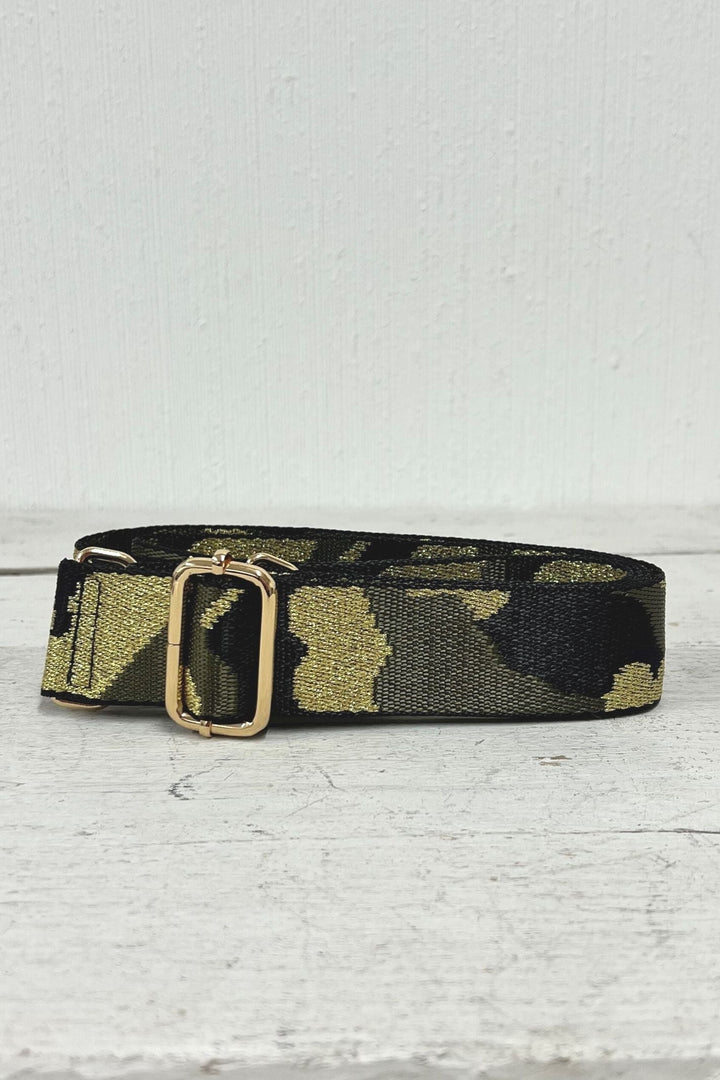 Glitter Camouflage Print Interchangeable Bag Strap Khaki Gold Black - Sugarplum Boutique