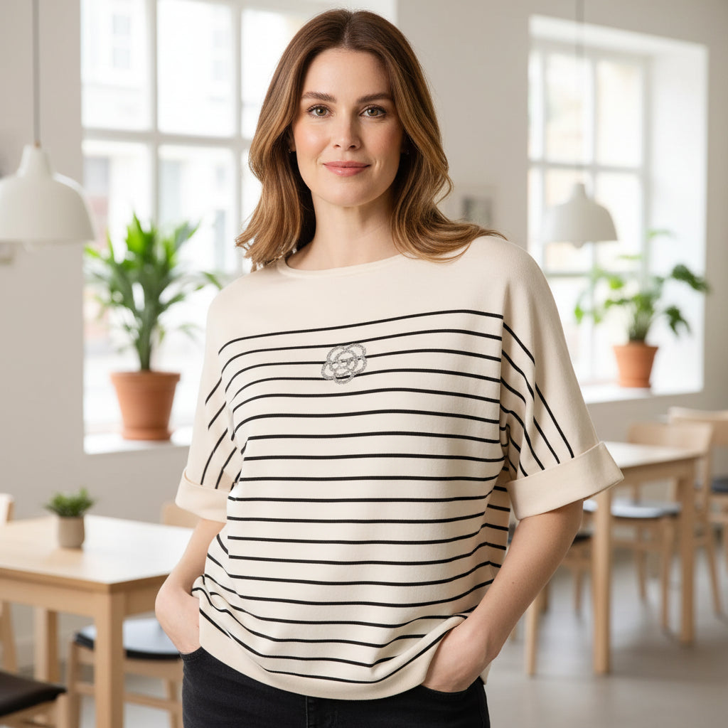 Glitter Flower Striped Stone Short Sleeve Jumper - Sugarplum Boutique