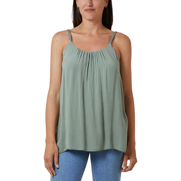 Glitter Plaited Cami Strap Double Layer Vest Top Khaki Green - Sugarplum Boutique