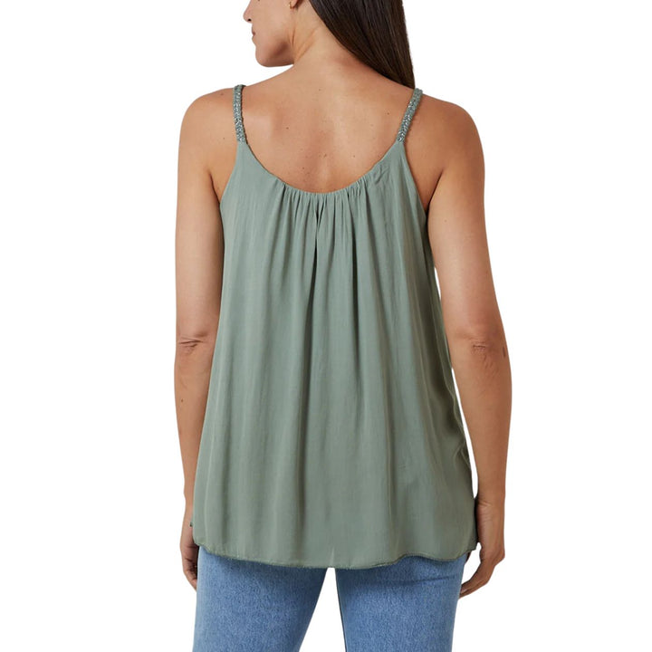 Glitter Plaited Cami Strap Double Layer Vest Top Khaki Green - Sugarplum Boutique