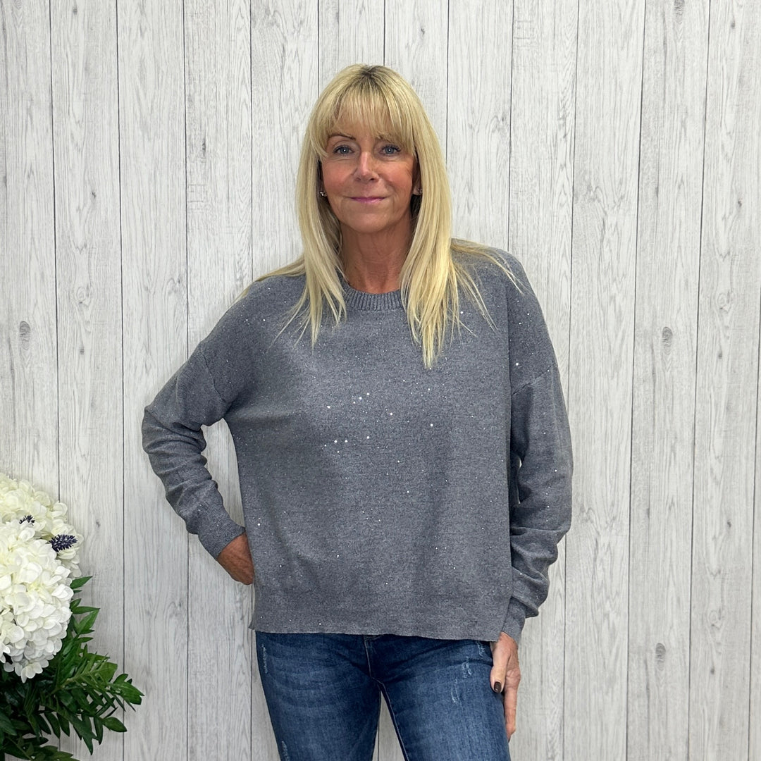 Gloria Grey Sequin Sparkle Jumper - Sugarplum Boutique