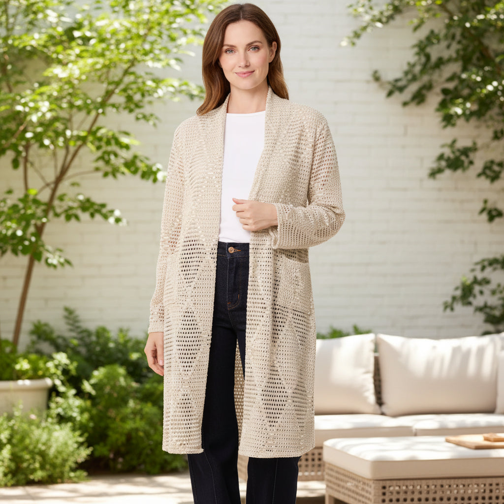 Gold Shimmer Diamond Crochet Cotton Cardigan - Sugarplum Boutique
