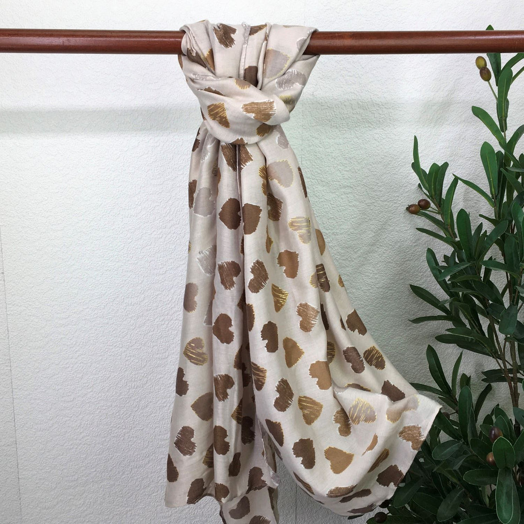 Gold Shimmer Hearts Lightweight Brown Cotton Scarf - Sugarplum Boutique