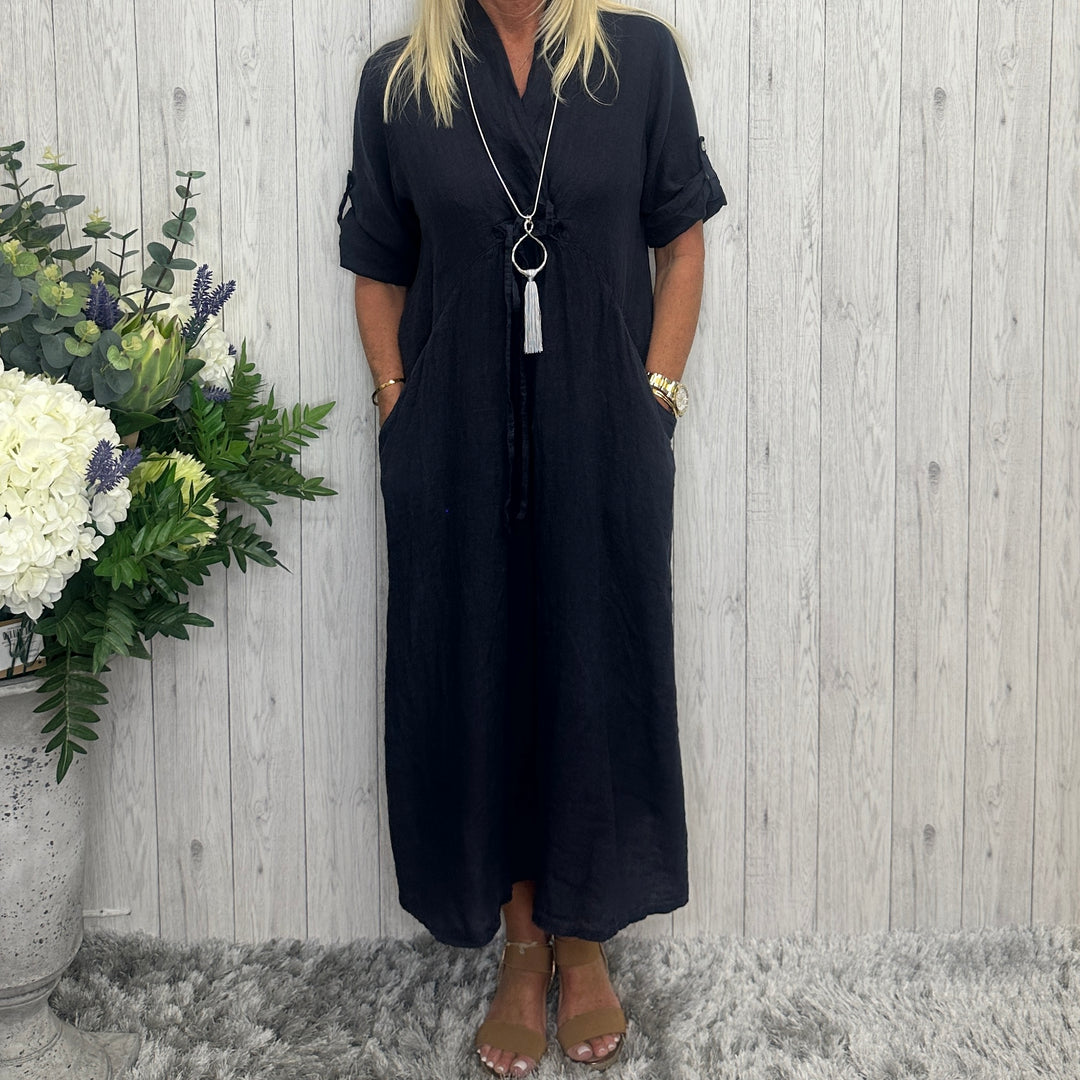 Goldie Linen Shift Dress Navy Blue - Sugarplum Boutique