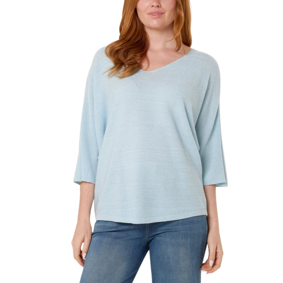 Gracie Light Blue Glitter Lurex V Neck Knitted Top - Sugarplum Boutique