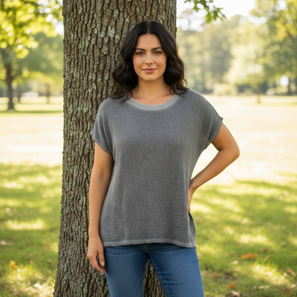 Grayson Glitter Neck Charcoal Grey Cotton Linen Mix Top - Sugarplum Boutique