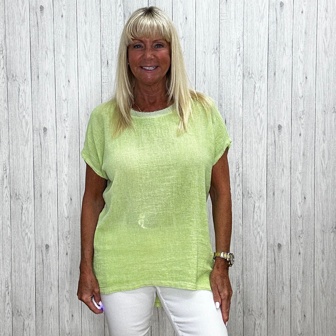 Grayson Glitter Neck Cotton Linen Mix Top Lime Green - Sugarplum Boutique