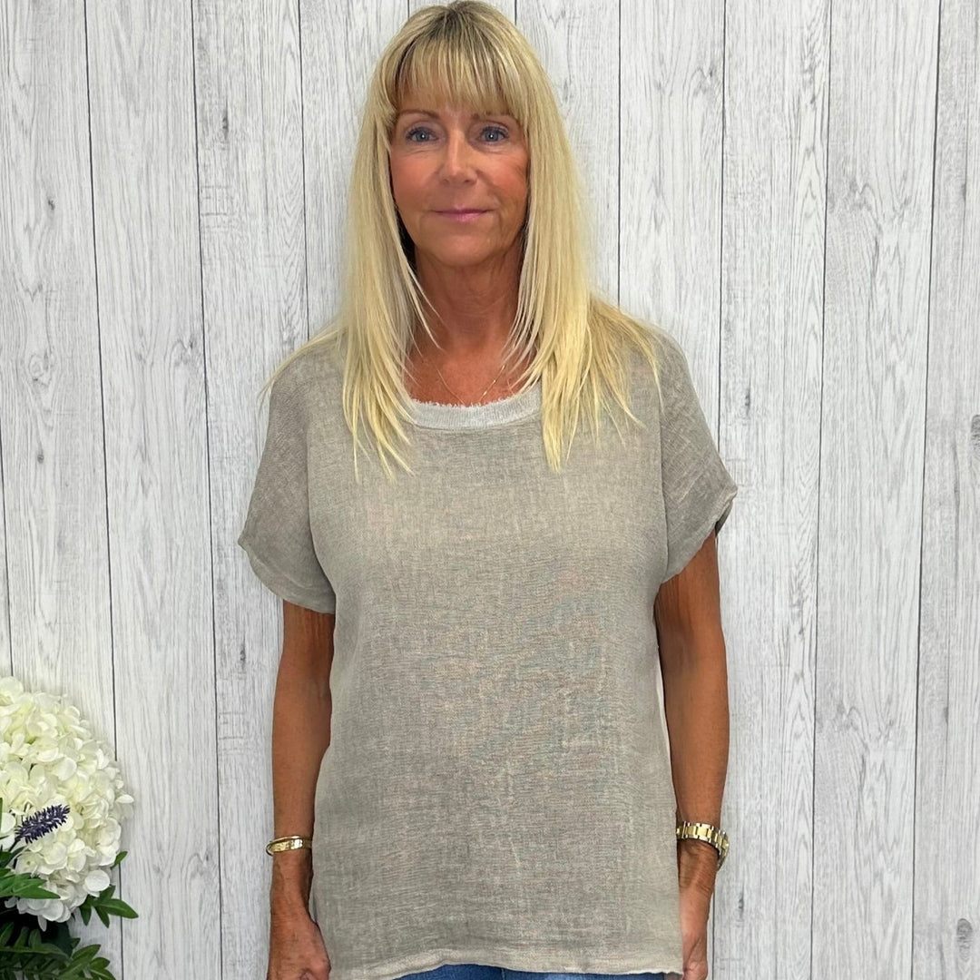 Grayson Glitter Neck Cotton Linen Mix Top Mocha Brown - Sugarplum Boutique
