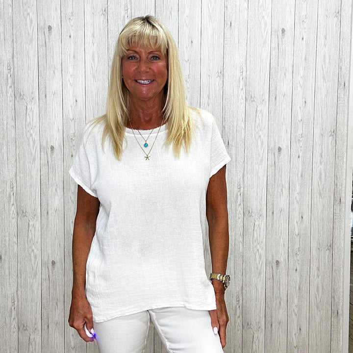 Grayson Glitter Neck Cotton Linen Top White - Sugarplum Boutique
