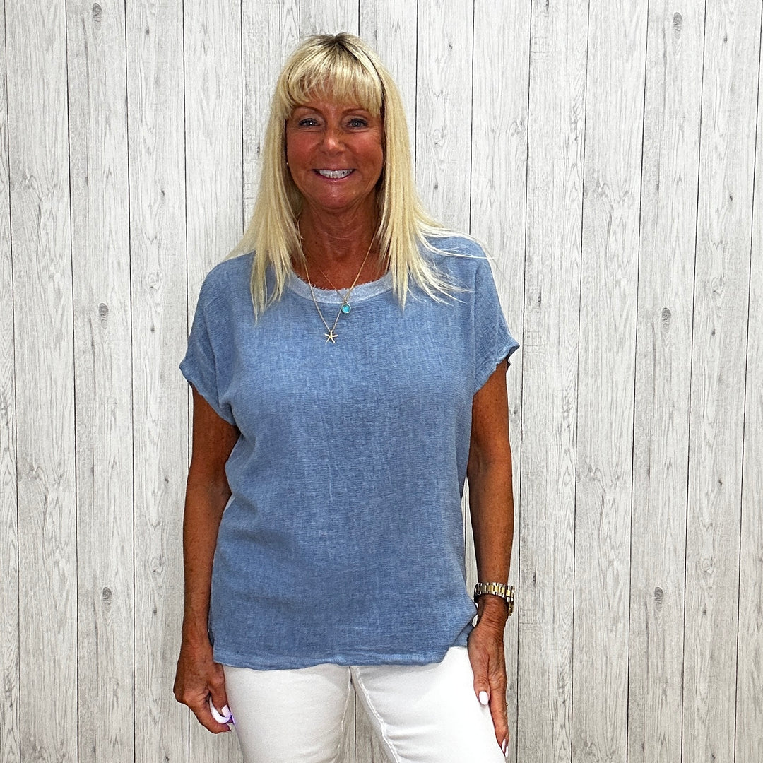 Grayson Glitter Neck Denim Blue Cotton Linen Mix Top - Sugarplum Boutique
