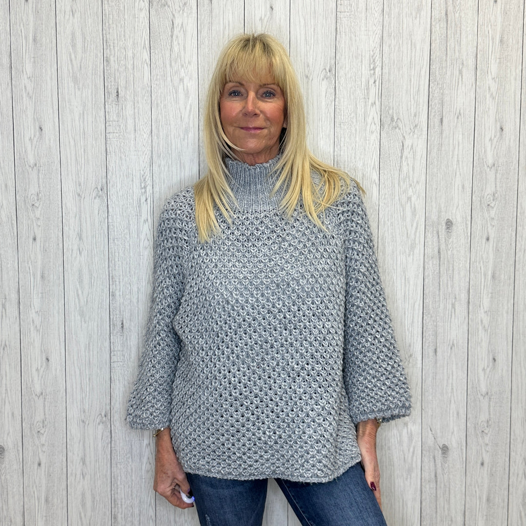 Halo Grey High Neck Waffle Jumper - Sugarplum Boutique