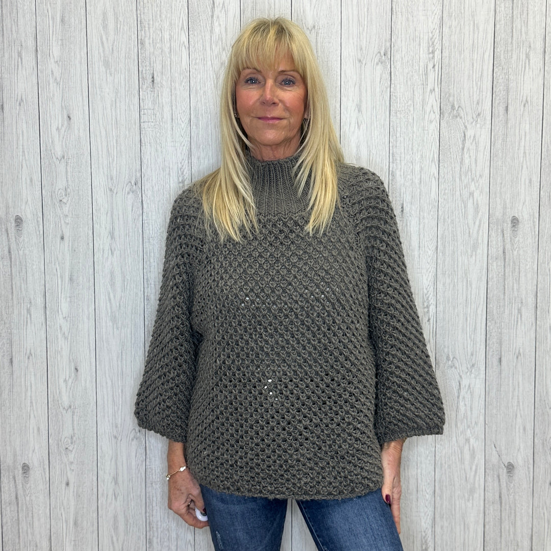 Halo Mocha Brown High Neck Waffle Jumper - Sugarplum Boutique