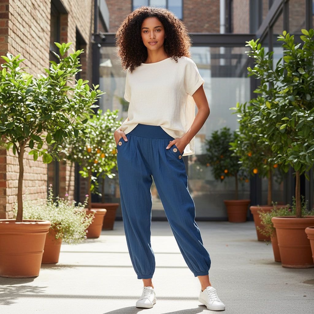 Hampton Cotton Cuff Leg Two Pocket Trousers Denim Blue - Sugarplum Boutique