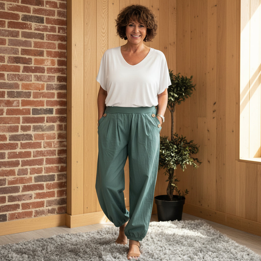 Hampton Cotton Cuff Leg Two Pocket Trousers Khaki Green - Sugarplum Boutique