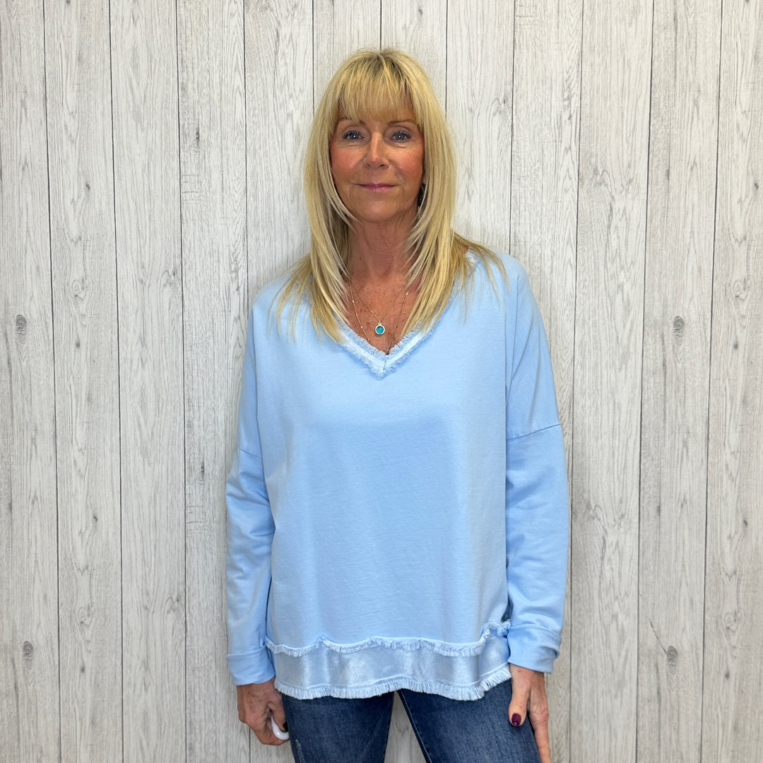 Harland Light Blue Cotton V Neck Top - Sugarplum Boutique