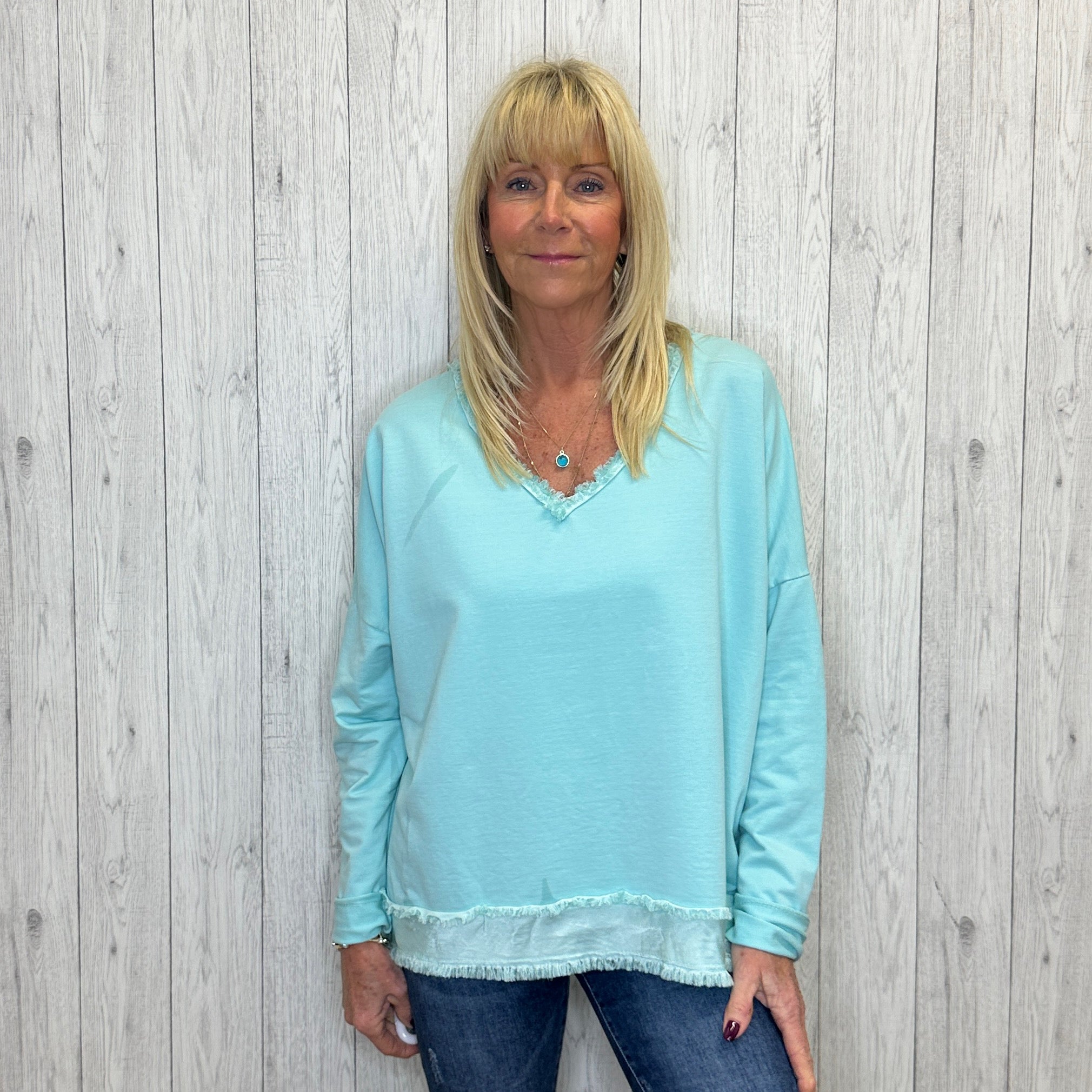 Harland Mint Green Cotton V Neck Top - Sugarplum Boutique