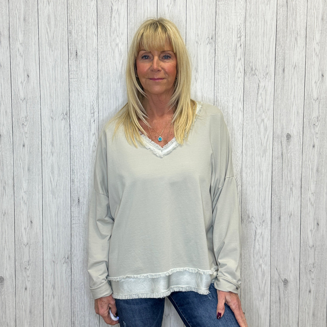 Harland Stone Cotton V Neck Top - Sugarplum Boutique