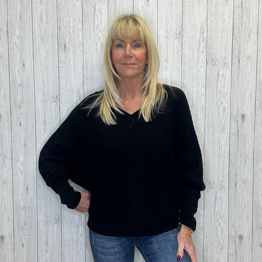 Harriet Black V Back Batwing Sleeve Jumper - Sugarplum Boutique