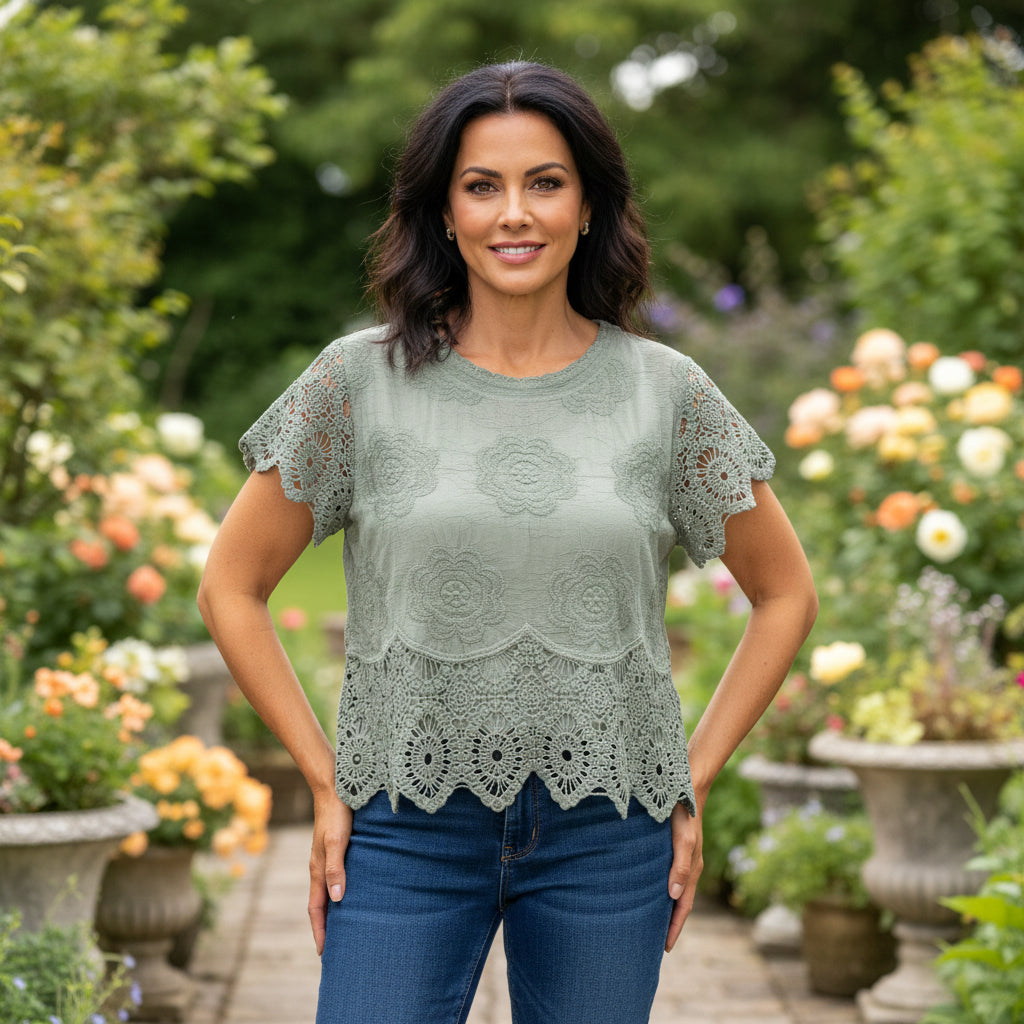 Hattie Khaki Green Cotton Crochet Top - Sugarplum Boutique