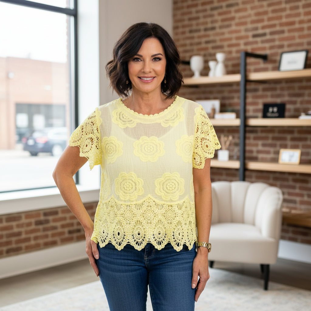 Hattie Lemon Yellow Cotton Crochet Top - Sugarplum Boutique