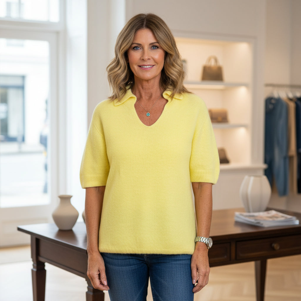 Hayes Lemon Yellow Alpaca Mix Short Sleeve Jumper - Sugarplum Boutique
