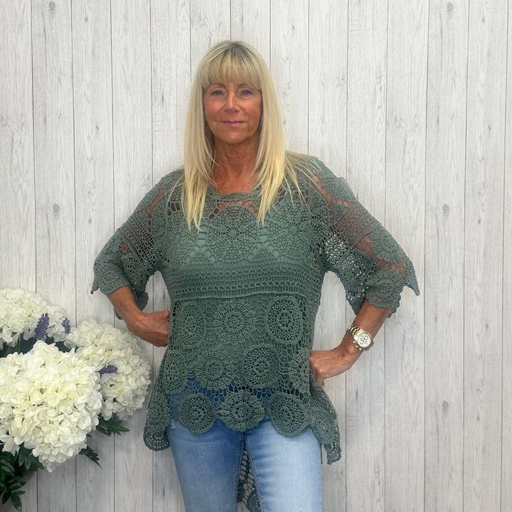 Hayley Hi Lo Cotton Crochet Two Piece Top Set Khaki Green - Sugarplum Boutique