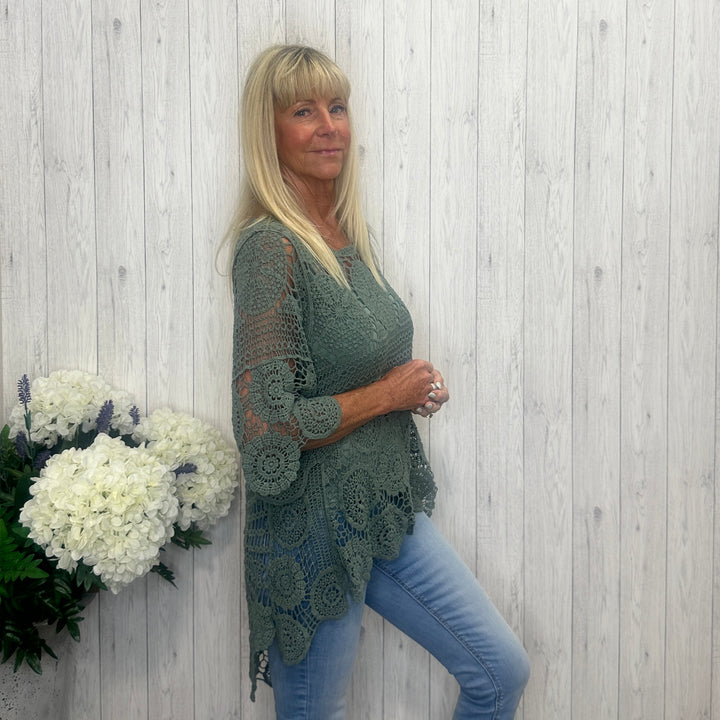 Hayley Hi Lo Cotton Crochet Two Piece Top Set Khaki Green - Sugarplum Boutique