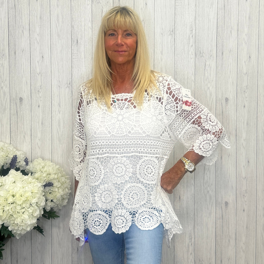 Hayley Hi Lo Cotton Crochet Two Piece Top Set White - Sugarplum Boutique