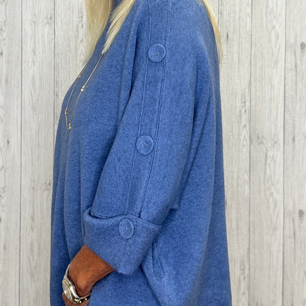 Hayley High Neck Button Detail Jumper Denim Blue - Sugarplum Boutique