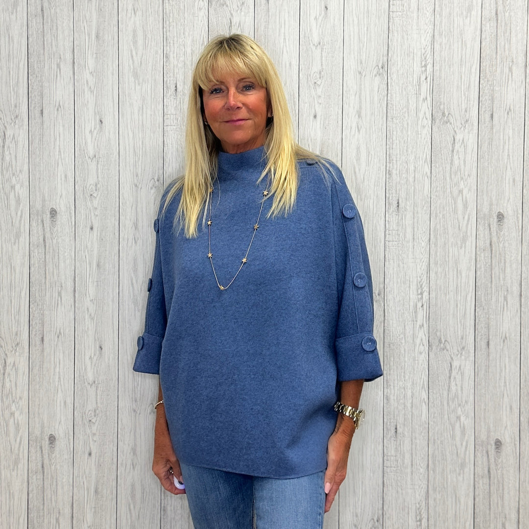 Hayley High Neck Button Detail Jumper Denim Blue - Sugarplum Boutique