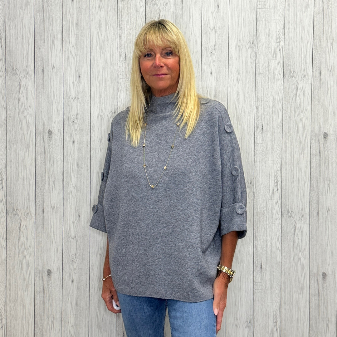 Hayley High Neck Button Detail Jumper Grey - Sugarplum Boutique