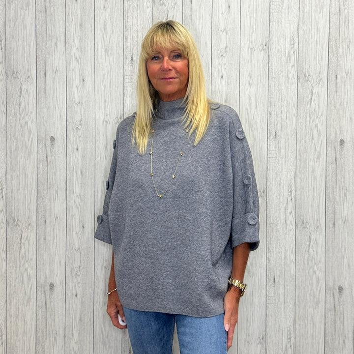 Hayley High Neck Button Detail Jumper Grey - Sugarplum Boutique