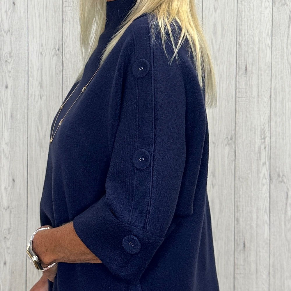 Hayley High Neck Button Detail Jumper Navy Blue - Sugarplum Boutique
