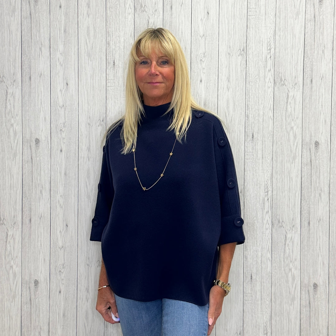 Hayley High Neck Button Detail Jumper Navy Blue - Sugarplum Boutique