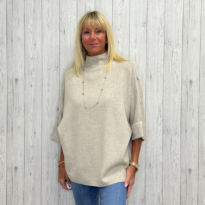 Hayley High Neck Button Detail Jumper Stone - Sugarplum Boutique
