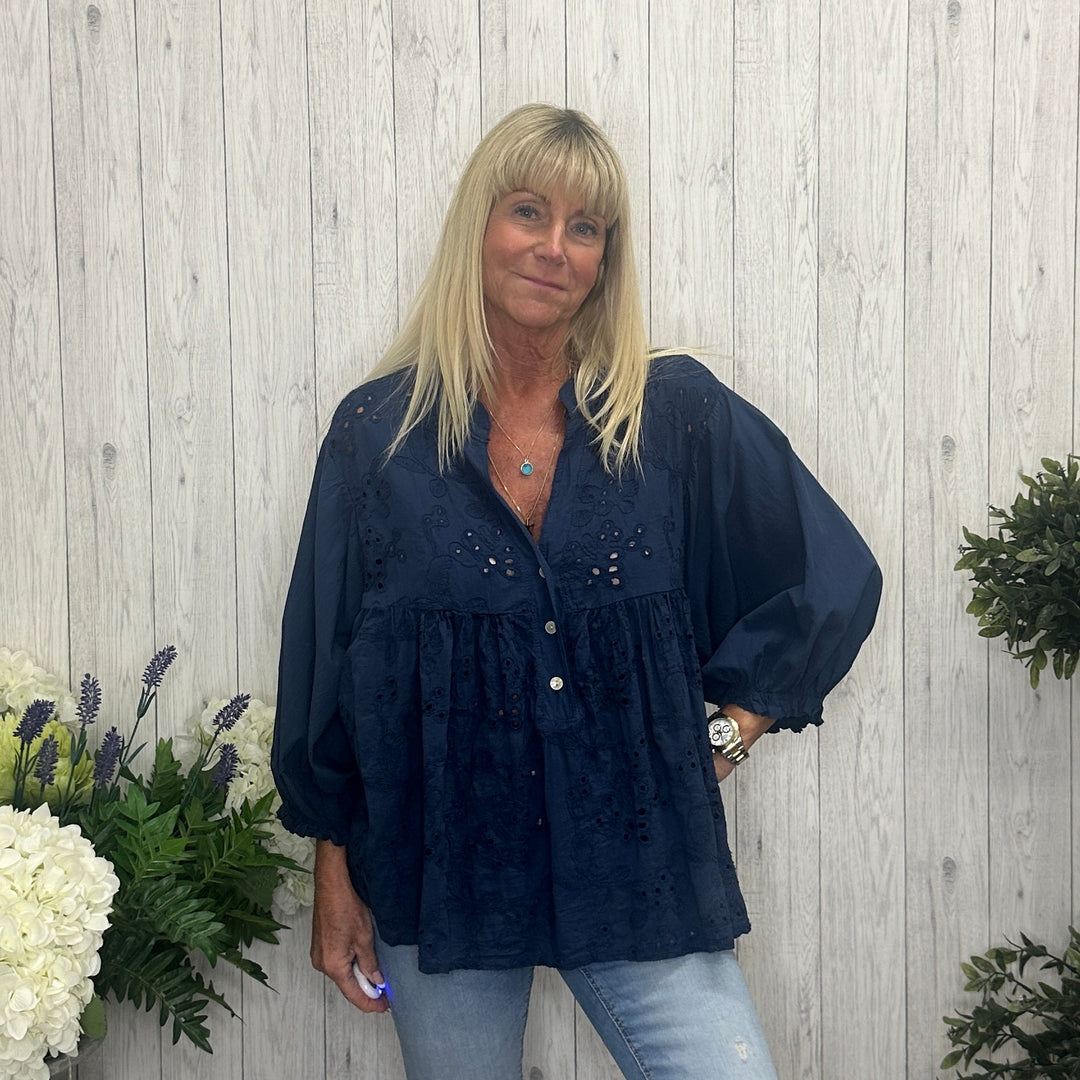 Helen Broderie Anglaise Cotton Top Navy Blue -  Sugarplum Boutique