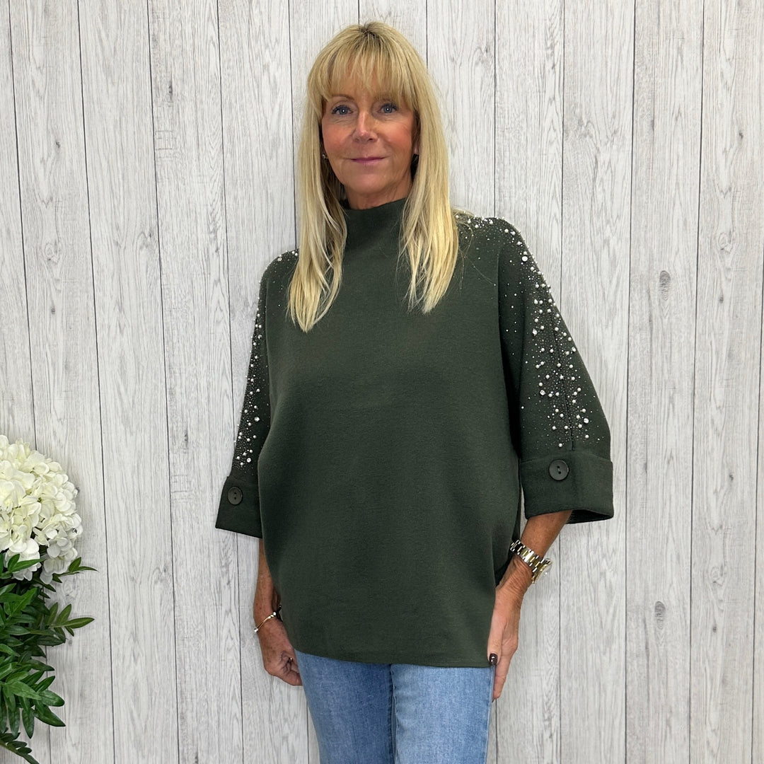 Heston Khaki Green Embellished Sleeve Jumper - Sugarplum Boutique