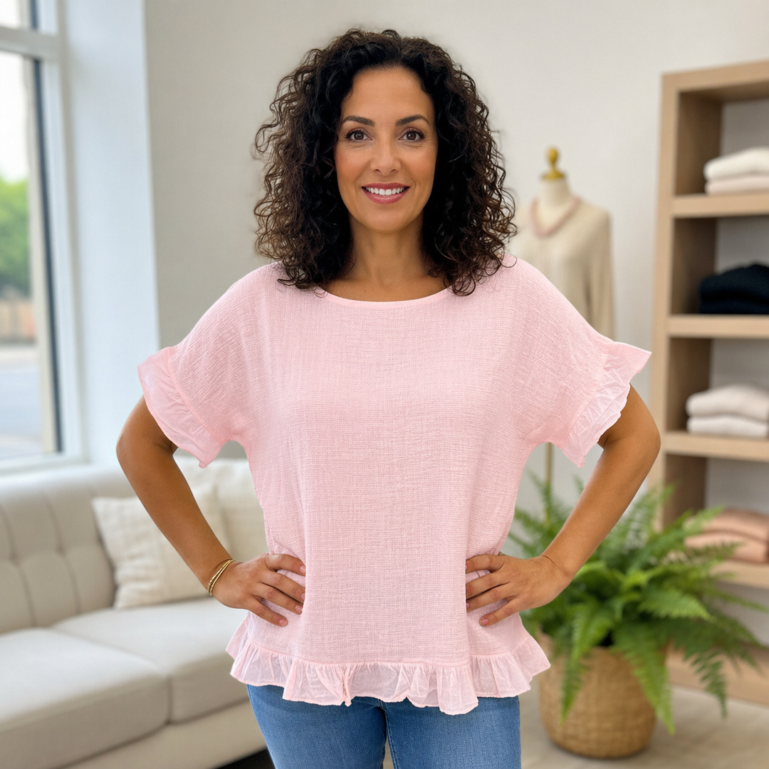 Hudson Teabag Cotton Frill Hem Top Light Pink -  Sugarplum Boutique