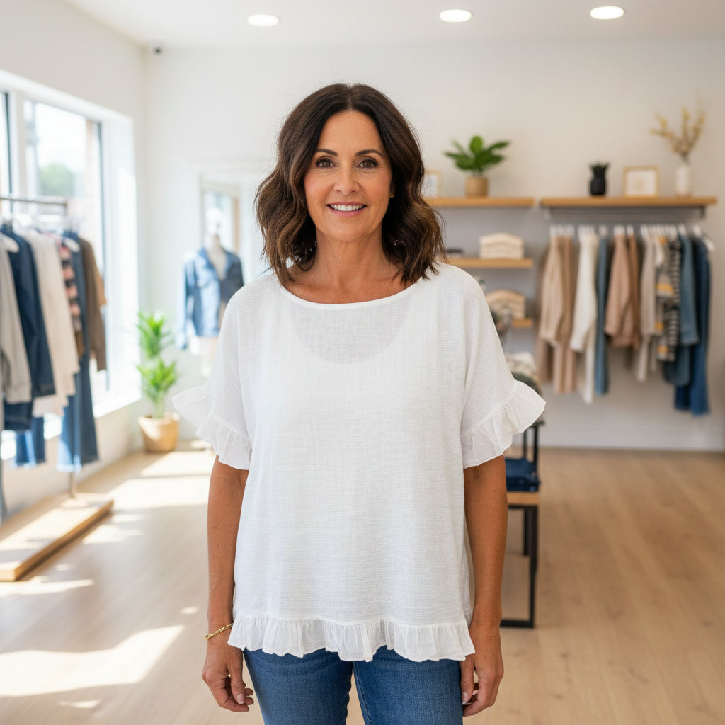 Hudson White Teabag Cotton Frill Hem Top - Sugarplum Boutique