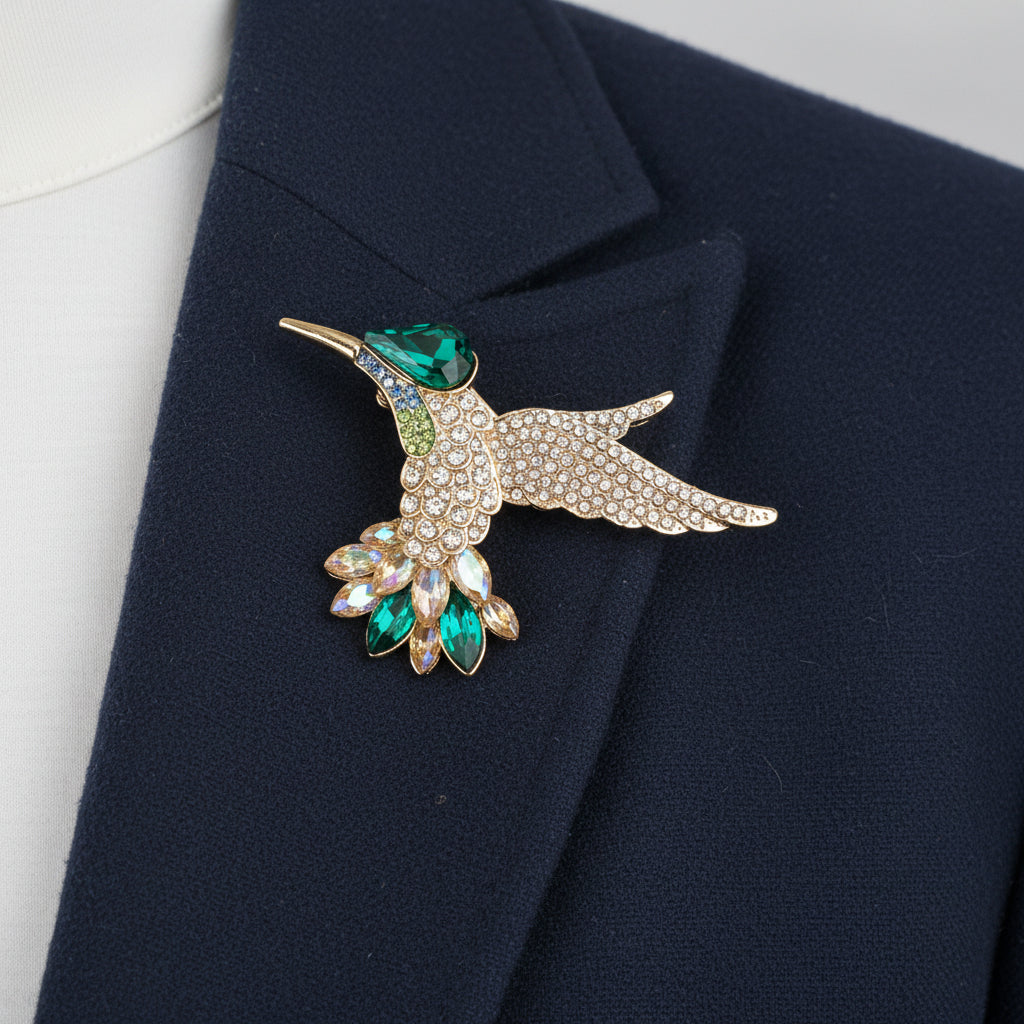 Pink And Green Crystal Baby Hummingbird Pin Brooch - Gold Tone Alloy