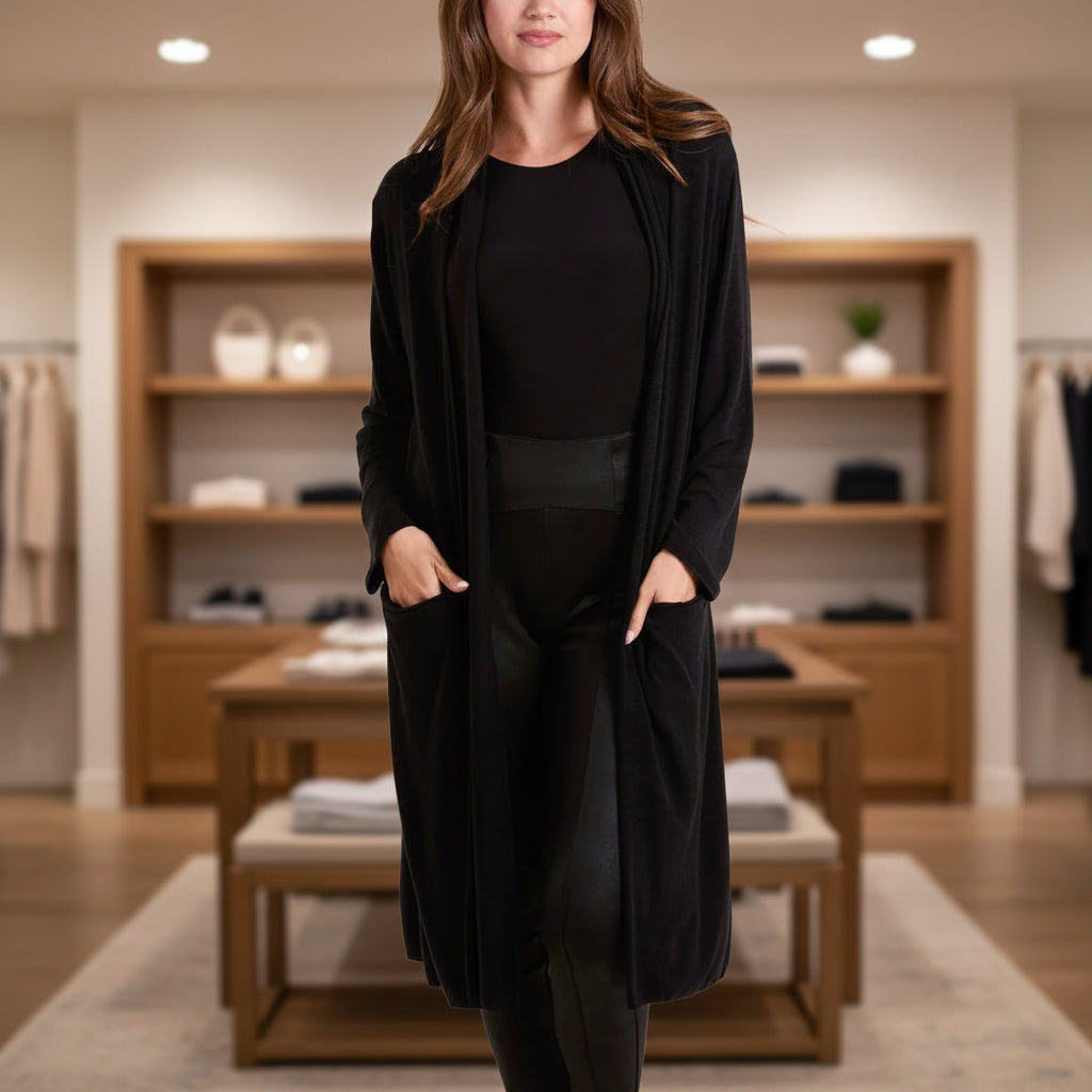 Imogen Fine Knit Black Long Cardigan - Sugarplum Boutique