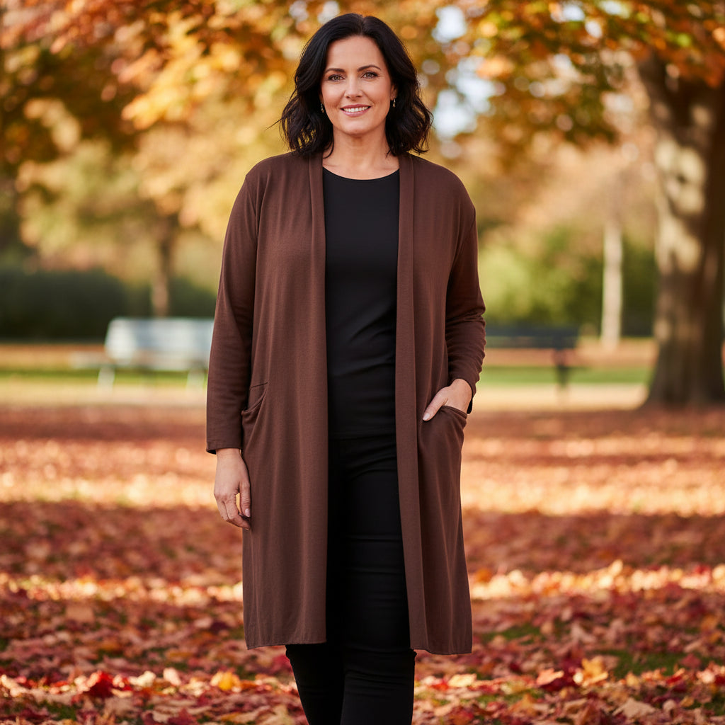Imogen Fine Knit Chocolate Brown Long Cardigan - Sugarplum Boutique