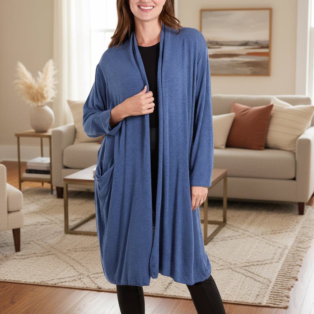 Imogen Fine Knit Denim Blue Long Cardigan - Sugarplum Boutique