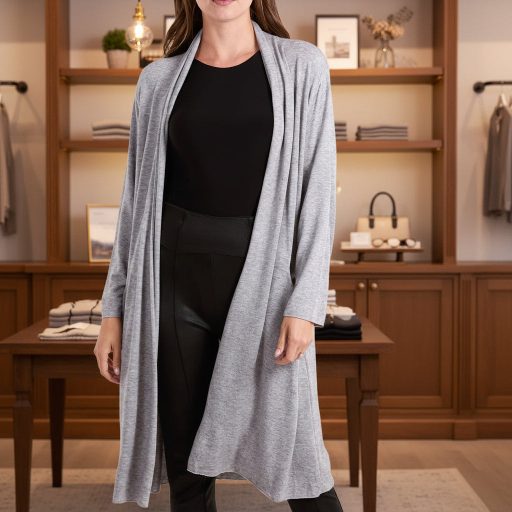 Imogen Fine Knit Marl Grey Long Cardigan - Sugarplum Boutique
