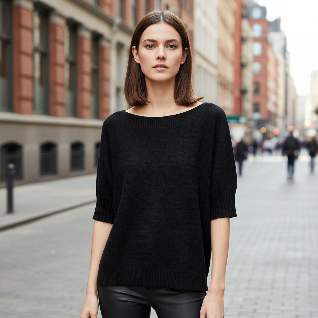 Imogen Rib Design Black Wool Blend Short Sleeve Jumper - Sugarplum Boutique