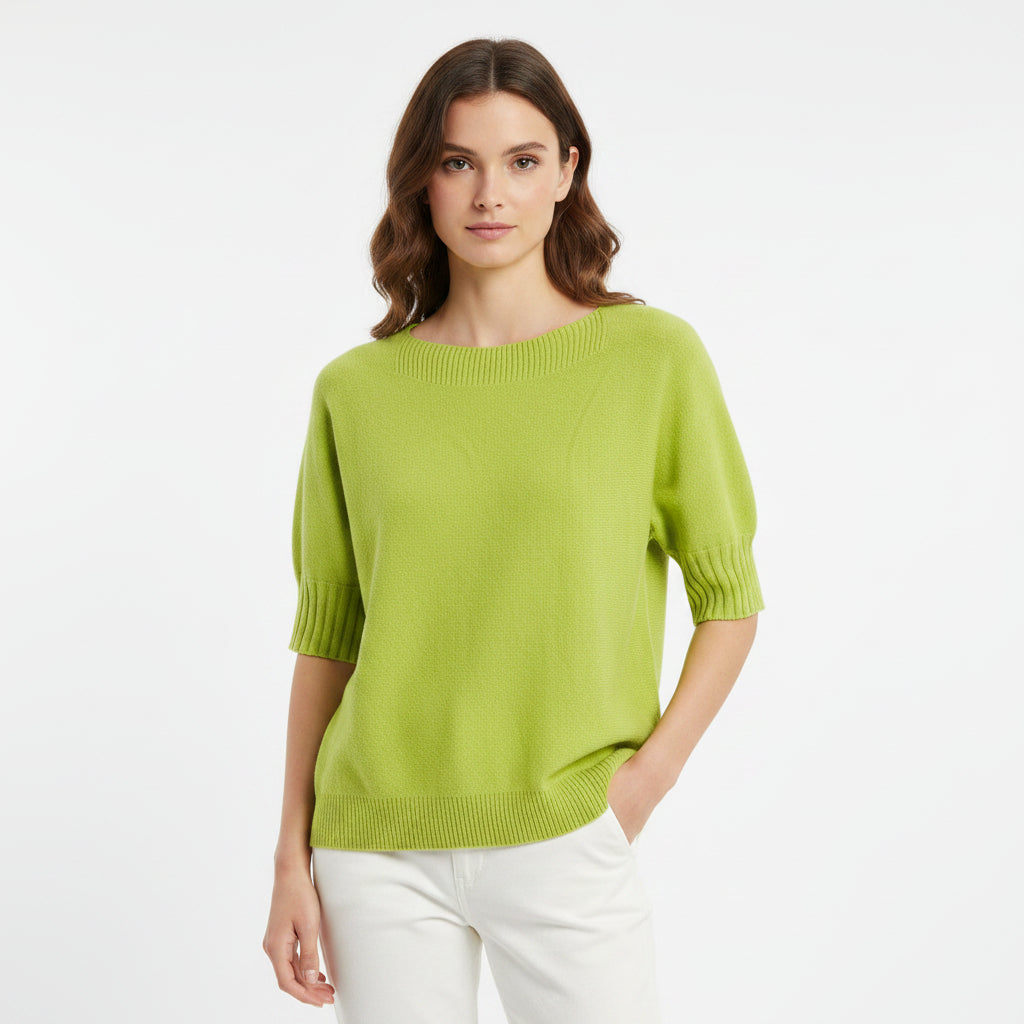 Imogen Rib Design Lime Green Wool Blend Short Sleeve Jumper - Sugarplum Boutique